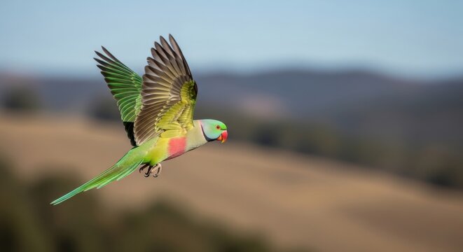 Vibrant Barraband's Parakeet in Mid-Flight Against a Blurred Natural Landscape