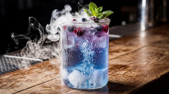 Man preparing a drink with rising smoke effect concept. A vibrant cocktail with mist and fresh berries on a wooden table.