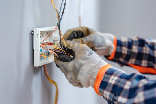 Electrician installing new electrical wiring in switchbox