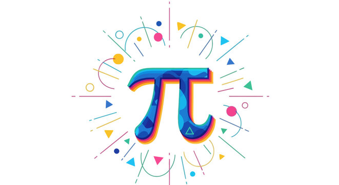 Colorful illustration of the mathematical symbol pi surrounded by geometric shapes and lines on a white background, celebrating Pi Day with a vibrant design.