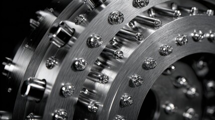 Fototapeta premium Close-up of polished metallic gear with intricate details showcasing industrial design and engineering excellence in monochrome