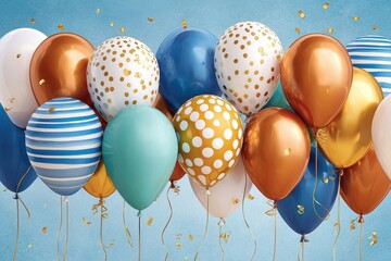Naklejka premium Colorful blue and gold balloons with confetti for party celebration and festive background