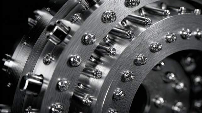 Close-up of polished metallic gear with intricate details showcasing industrial design and engineering excellence in monochrome