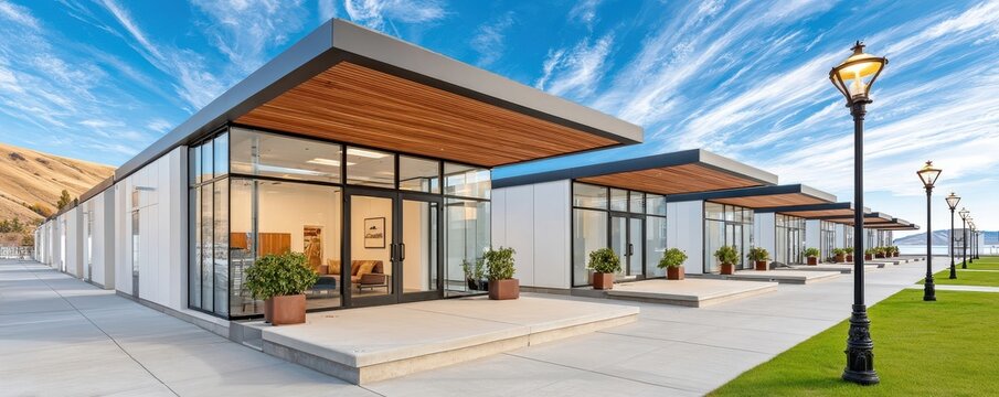 Modern modular commercial offices with glass facades along a waterfront promenade and lamp posts
