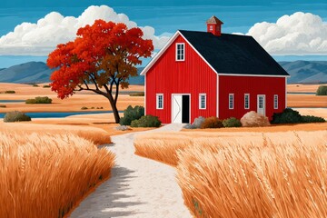 Naklejka premium Red barn beside a golden wheat field with a tree-lined path in a calm rural landscape