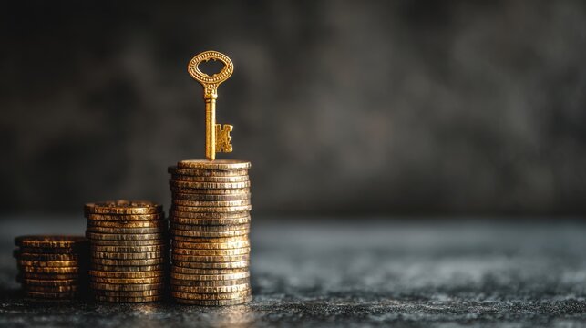 Golden Key on Stacked Coins Symbolizing Wealth, Success, and Financial Freedom in Modern Economy