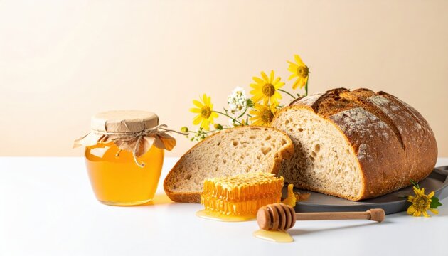 A jar of honey, honeycomb, flowers, and sliced loaf of bread are arranged on a table with a dipper to showcase natural sweetness and baking freshness.