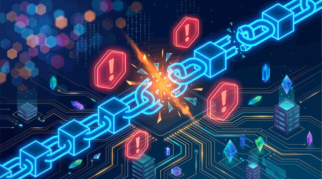 Glowing blue neon digital blockchain chain breaking with explosion and warning alerts on motherboard background, concept for cyber security breach, data system failure and crypto hacking