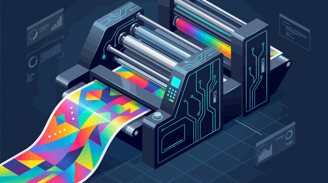 Isometric futuristic digital printing press machine outputting colorful geometric pattern with circuit board motifs, concept for modern industry, digital publication and industrial technology