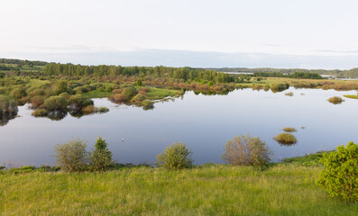 Naklejka premium A tranquil summer wetland and lake bordered by green meadow, shrubs and distant trees with clear reflective water, evoking calm, nature, open space and rural landscape serenity. Sorot river landscape