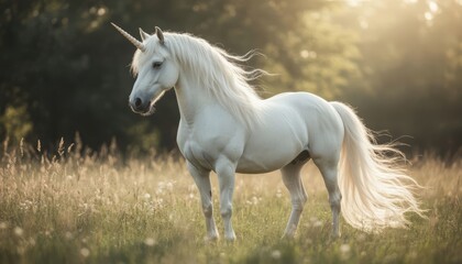 Fototapeta premium The majestic unicorn stands gracefully in a sunlit field, surrounded by tall grass. The unicorn's white mane flows elegantly as the sun casts a warm glow on its figure.