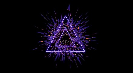 Fototapeta premium Abstract Geometric Explosion with Neon Triangle Portal on Black Background