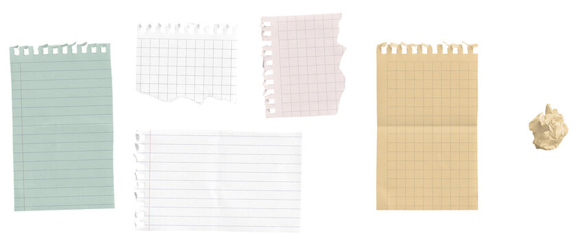 A versatile collection of torn notebook and graph paper fragments with a crumpled paper ball, isolated on transparent.