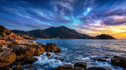 Fototapeta premium Dramatic Rocky Coastline at Sunset with Starry Sky and Mountains