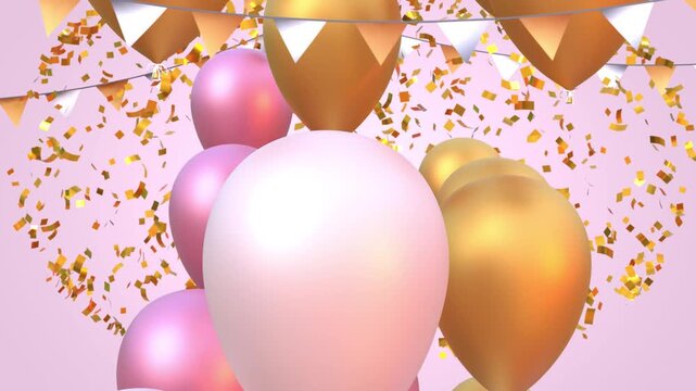 Happy birthday congratulation video with cake, golden, white and pink balloons and confetti falling down. Anniversary celebration loop animation