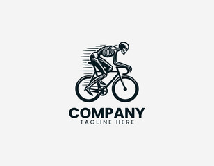 Fototapeta premium A human skeleton is illustrated riding a bicycle in a dynamic motion pose using clean modern black vector line art style on a white background