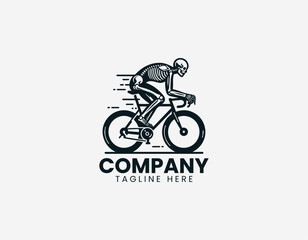 Obraz premium A human skeleton is illustrated riding a bicycle in a dynamic motion pose using clean modern black vector line art style on a white background