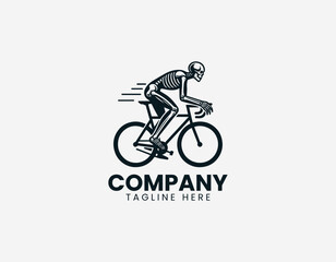 Fototapeta premium A human skeleton is illustrated riding a bicycle in a dynamic motion pose using clean modern black vector line art style on a white background