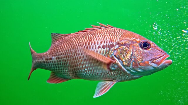 Close-up of red snapper fish swimming in green water 4k Video