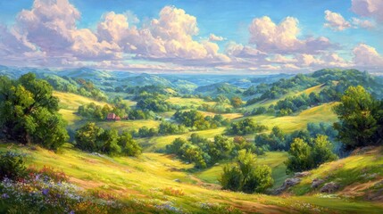Fototapeta premium Serene Landscape with Lush Green Hills and Colorful Wildflowers Under a Bright Blue Sky with Fluffy Clouds