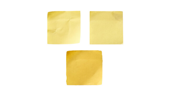 Three blank, yellow, aged sticky notes with subtle texture, isolated on a transparent background.