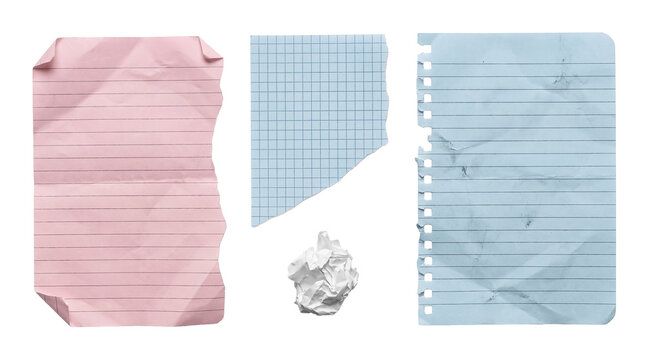 Composition of colorful torn, crumpled, and lined paper pieces, perfect for creative design elements.
