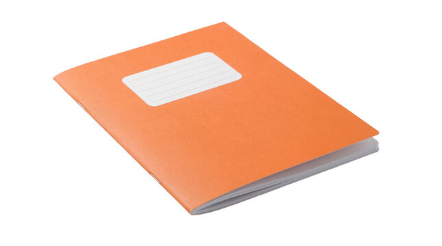A neatly closed orange student exercise book with a blank white label for customization.