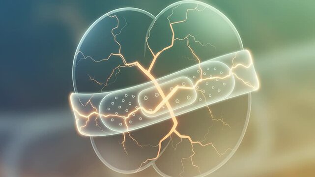 Abstract illustration of interconnected spheres with a cracked effect and a bandage