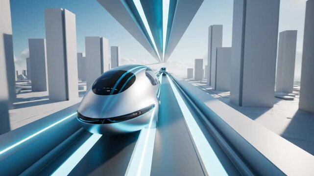 Futuristic silver bullet train speeding through a sleek, modern cityscape with radiant blue tracks and converging lines, captured in a cinematic, high-tech scene.
