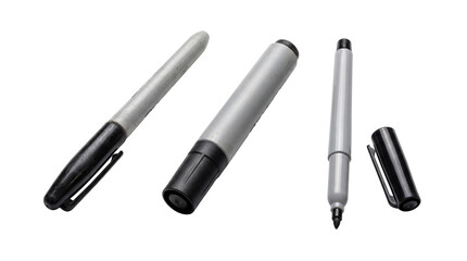Group of gray permanent markers, some open and some closed, isolated on a transparent background for versatile design. © Piotr