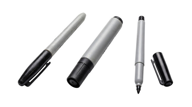 Group of gray permanent markers, some open and some closed, isolated on a transparent background for versatile design.
