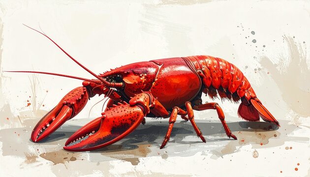 赤いザリガニが力強い爪を広げた迫力あるウォーターカラーイラスト