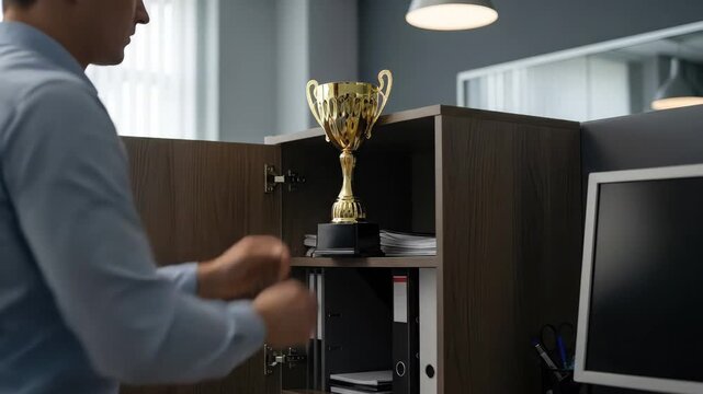 Man placing golden trophy on shelf in office