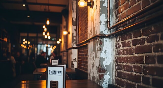 Cozy Restaurant Interior with Brick Wall and Warm Lighting