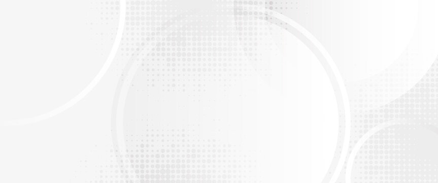 Abstract White and Grey Background with Soft Circular Geometric Shapes and Halftone Dot Pattern, Modern Minimalist Tech Backdrop for Corporate Presentation, Web Header, and Banner