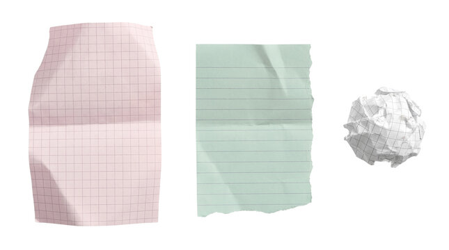 A new collection of assorted paper elements including a torn green lined sheet, a wrinkled pink grid page.