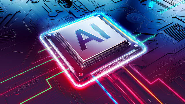 3D rendering of a powerful AI processor chip on a futuristic circuit board with glowing neon data lines. Concept for artificial intelligence, machine learning, cloud computing, and hardware innovation