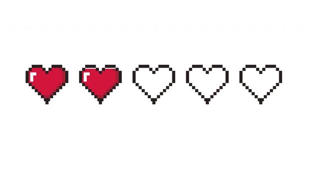 Animation of pixel game life hearts bar on white transparent background. 8 bit health heart bar, retro game symbols