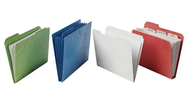 A crisp photograph displaying a row of various office file folders, used for document organization.