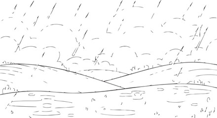 Fototapeta premium Simple black and white line art illustration of a rainy landscape scen