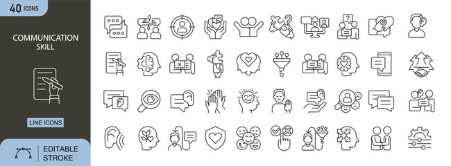 Communication skill icons set showing speaking, listening, presentation, teamwork, interaction, messaging and effective communication abilities. Editable Stroke © IconForge Studio