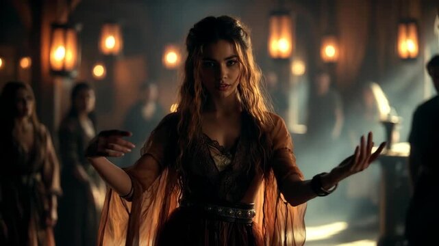 A woman in medieval attire posing dramatically in a cinematic style against a dim tavern interior, conveying mystery and allure