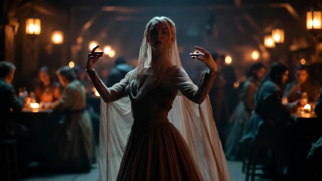 A woman in medieval attire dances in a cinematic style on a candlelit tavern background, conveying a concept of historical ambience