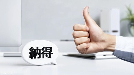 ビジネスデスクの「納得」イメージ、サムズアップの活用素材