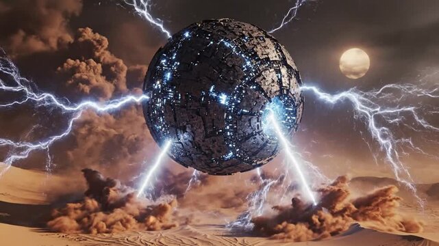 A large, dark planet with blue lightning bolts striking from its surface, set against a stormy, orange-hued desert landscape with a moon in the background.