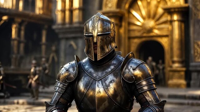 Armored knight in detailed metal armor in realistic style before a golden palace courtyard, symbolizing medieval strength honor