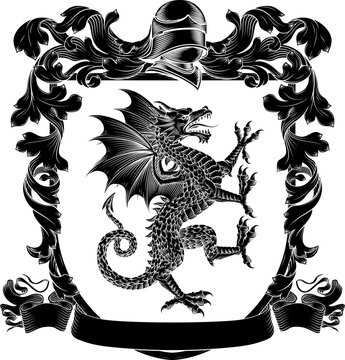A dragon coat of arms or crest family heraldry medieval heraldic animal knight shield. With helmet and acanthus filigree scroll ornament in a vintage woodcut style.