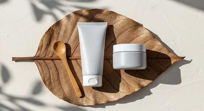 Minimalist skincare product set on a wooden leaf, natural beauty concept, blank labels.