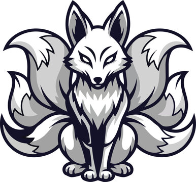 Stylized nine tailed fox illustration in black and white
