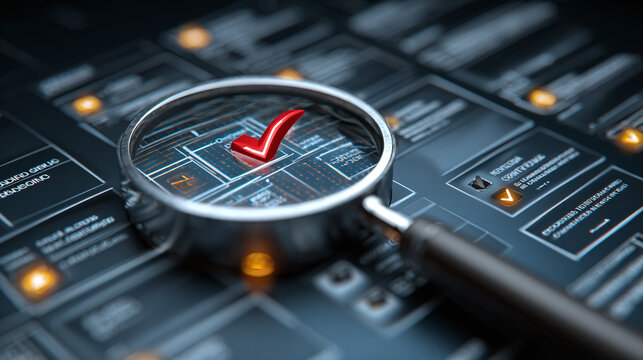 futuristic holographic audit dashboard with magnifying glass and checkboxes for compliance monitoring data inspection risk assessment and digital verification workflow